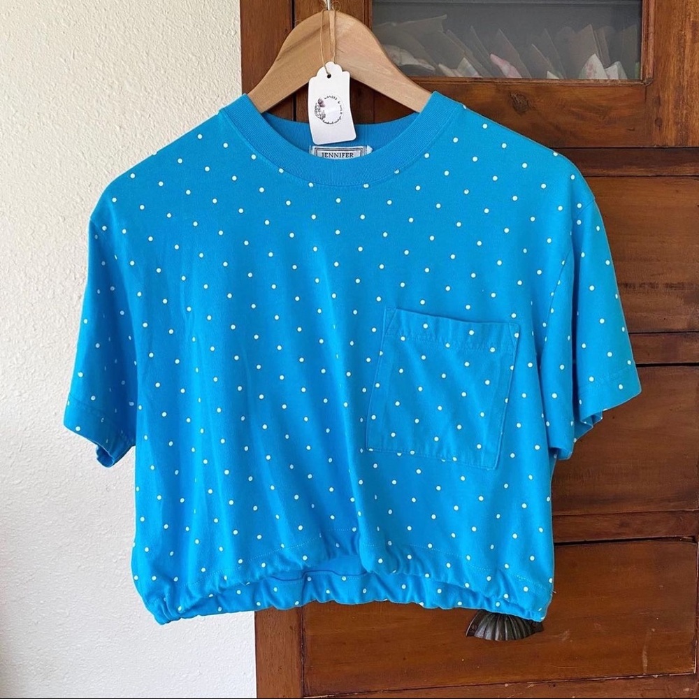 Pop art 90s cropped t shirt polka dots teal bright summer shirt